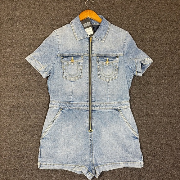 True Religion Blue Denim Overalls Shorts Classic Medium Wash, Womens XL - Picture 2 of 8